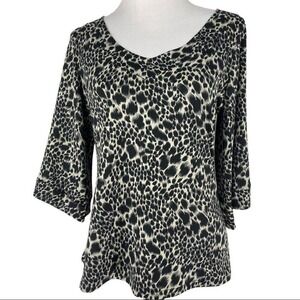 Zoe D Womens Black White Leopard Print V-Neck 3/4 Bell Sleeve Blouse Size M
